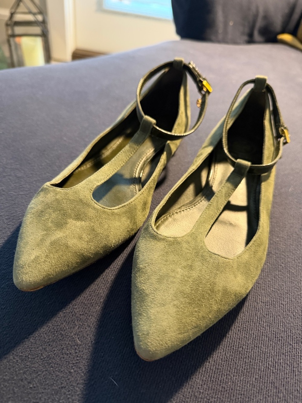 Tory Burch Olive Green Suede Pointed Toe Ankle Strap Flats